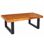 Black metal legs supporting the rectangular Suar wood coffee table