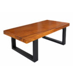 Rectangular Suar wood coffee table with black metal legs three quarter view