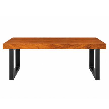 Woodcrest rectangular Suar wood coffee table with black metal legs front view