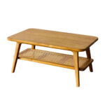 Solid teak wood coffee table with rattan shelf 45 degree view