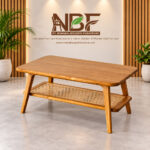 Solid teak wood coffee table with rattan shelf handcrafted in Jepara Indonesia