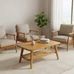Scandinavian style teak wood coffee table with natural rattan shelf