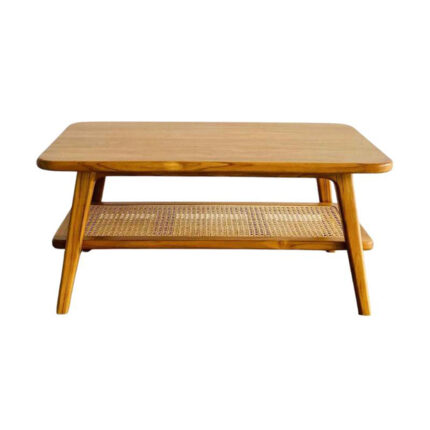 Solid teak coffee table with woven rattan shelf front view
