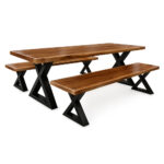 Complete X-Forge solid Suar wood dining set with one table and two benches on black X-frame metal legs