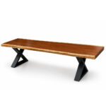 X-Forge solid Suar wood dining bench with thick wooden seat and black X-frame metal legs