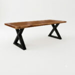 X-Forge rectangular solid Suar wood dining table with thick tabletop and black X-frame metal legs