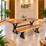 X-Forge solid Suar wood dining set with two benches displayed in the NBF furniture studio