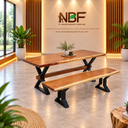 X-Forge solid Suar wood dining set with two benches displayed in the NBF furniture studio