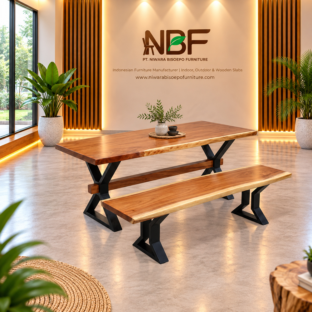 X-Forge Solid Suar Wood Dining Set 2 Bench with Metal Leg NBF Studio X-Forge solid Suar wood dining set with two benches displayed in the NBF furniture studio
