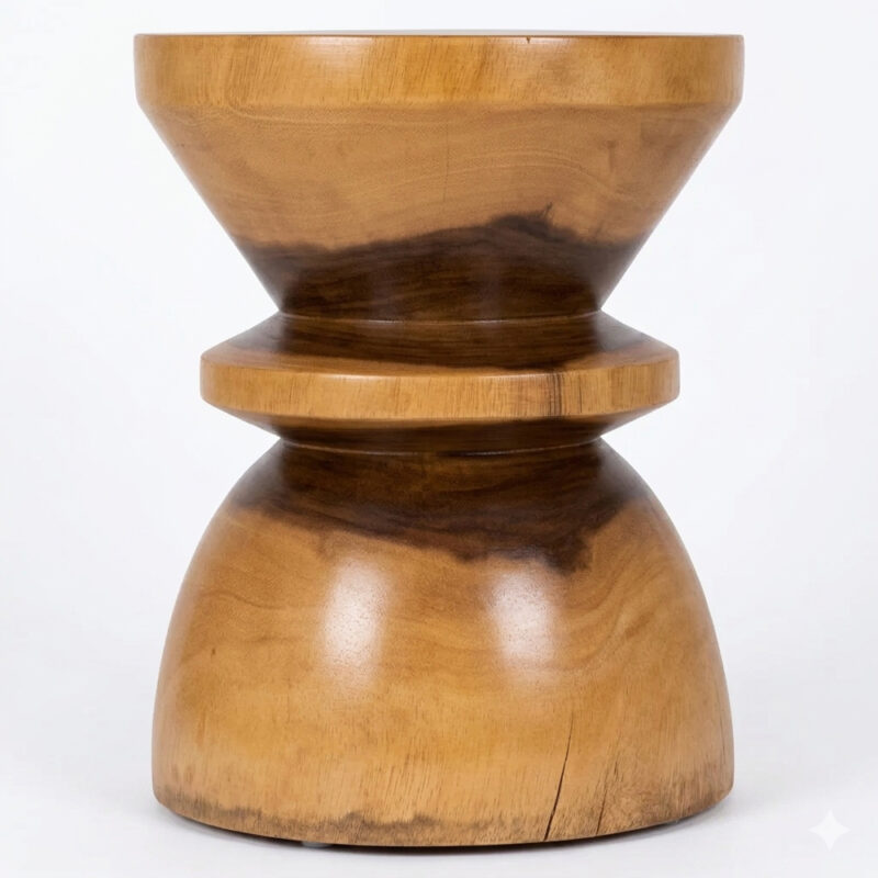 Front view of Zuma Suar wood accent stool with a sculptural turned wooden base