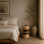 Zuma Suar wood accent stool beside a wooden bed in a neutral bedroom