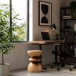 Zuma Suar wood accent stool in a contemporary reading room